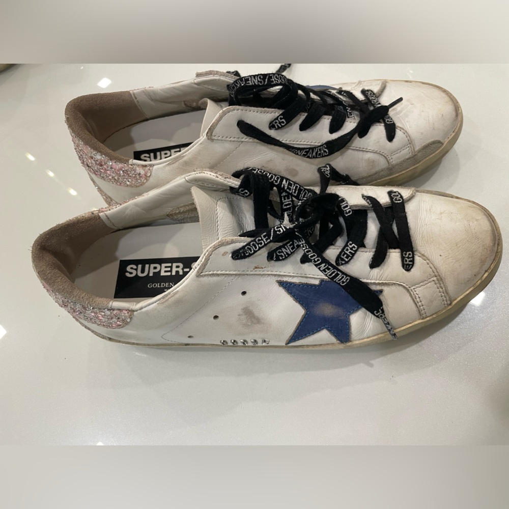 Golden Goose White and Blue Star Sneakers